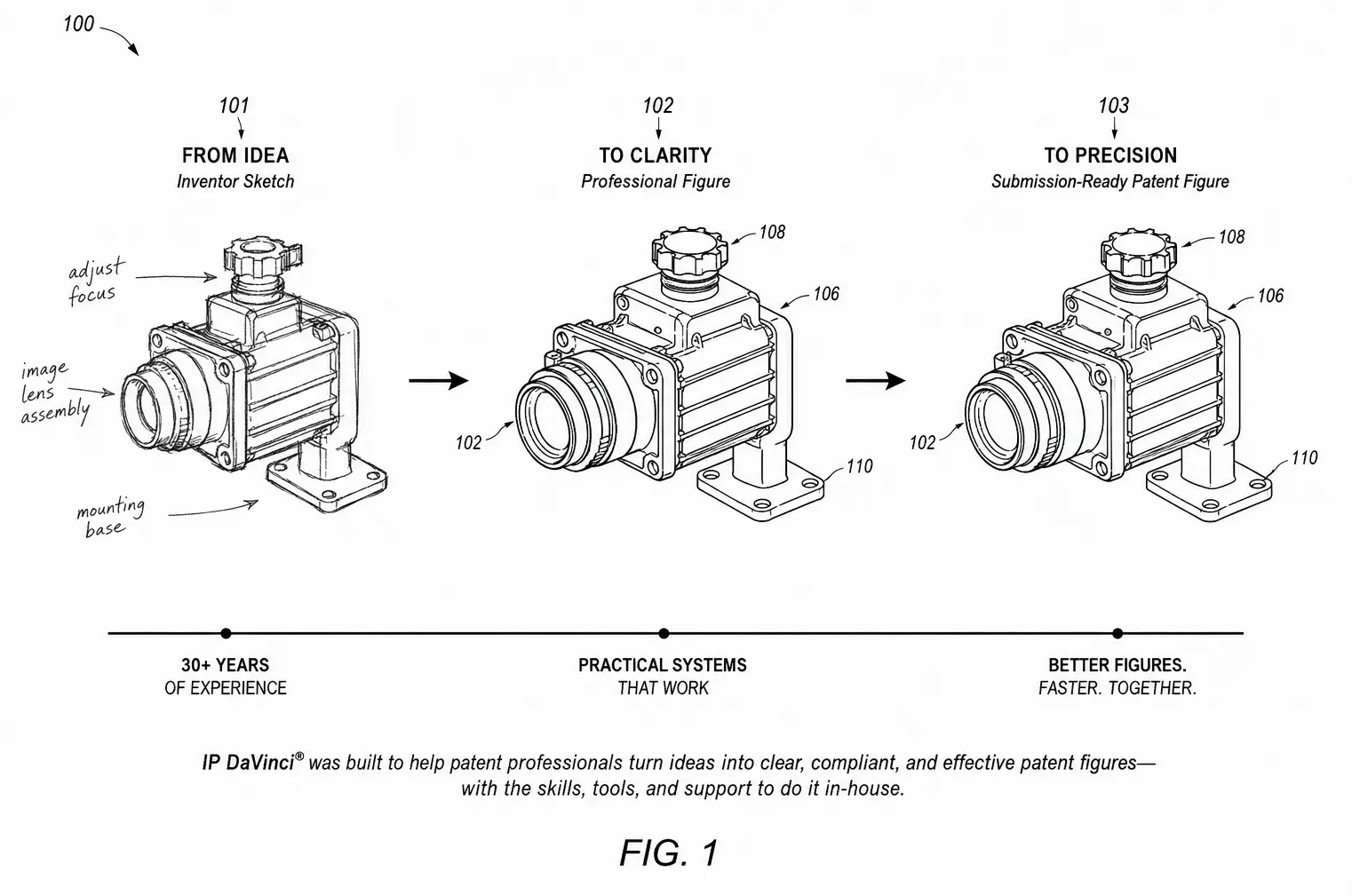 Patent drawing visual representing the development of source material into a finished patent figure