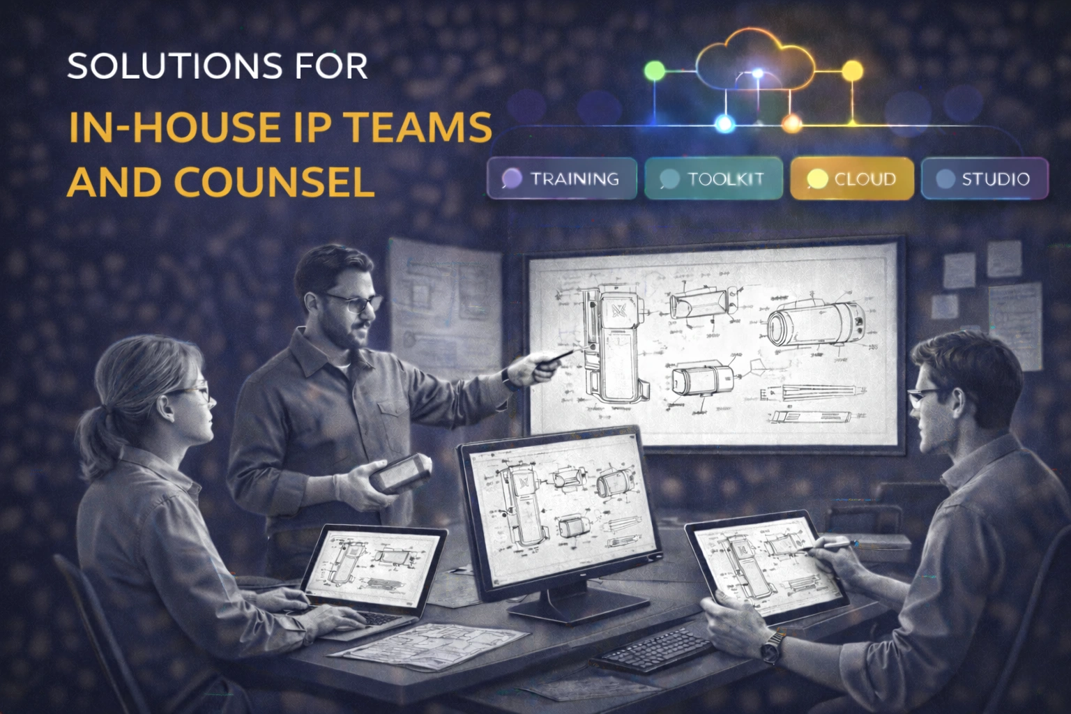 Internal IP team reviewing standardized invention figures created in Visio