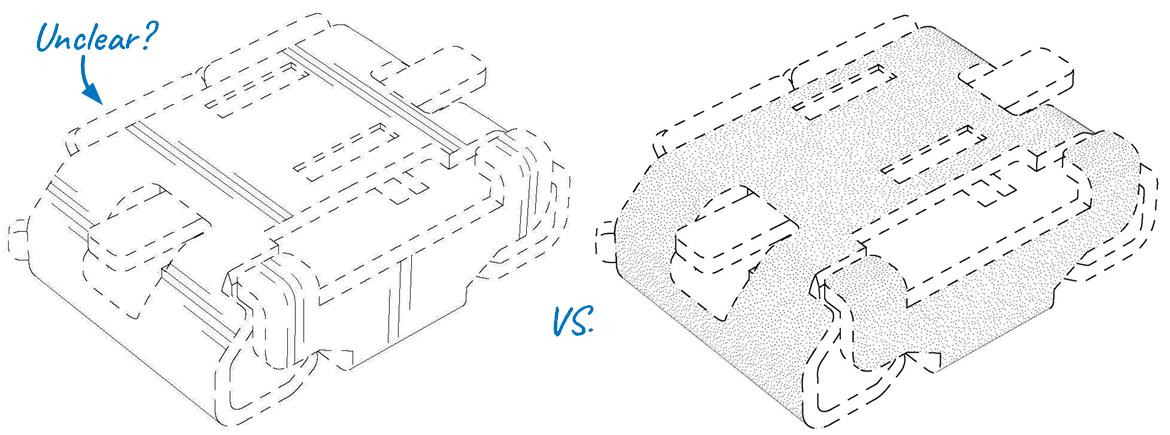Comparison between traditional line drawings and stippled drawings with clear claim scope